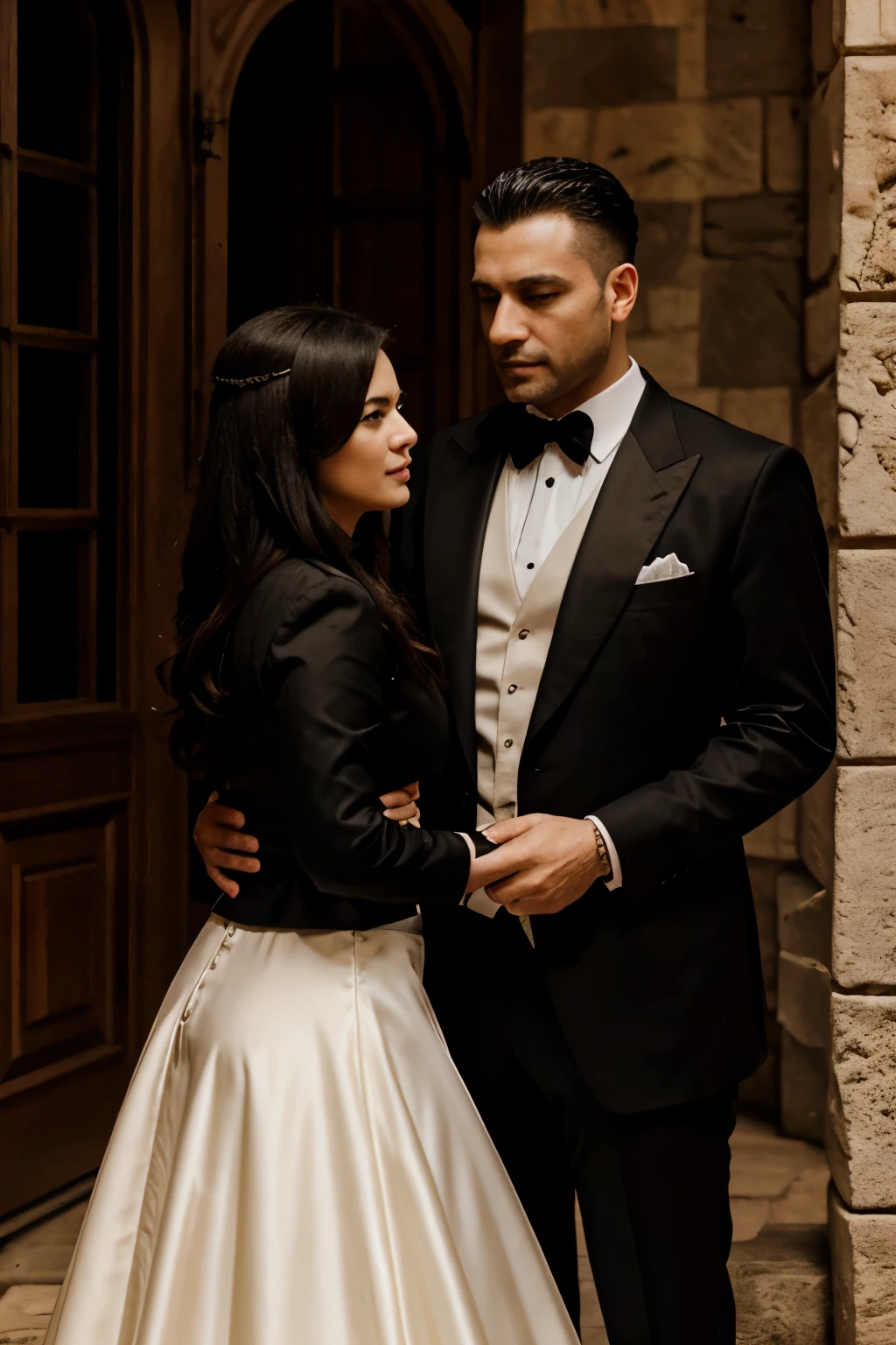 "A mafia couple enjoying their intimacy in a magnificent castle."