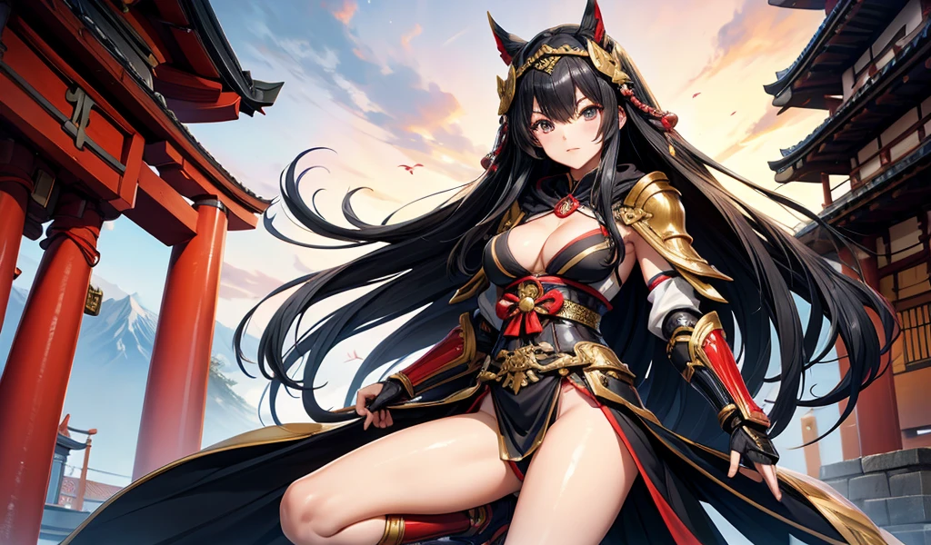 Black long straight hair woman,Japan Armor,Half naked,cleavage,Hood cloth,Bare Legs,Japanese Shrines
