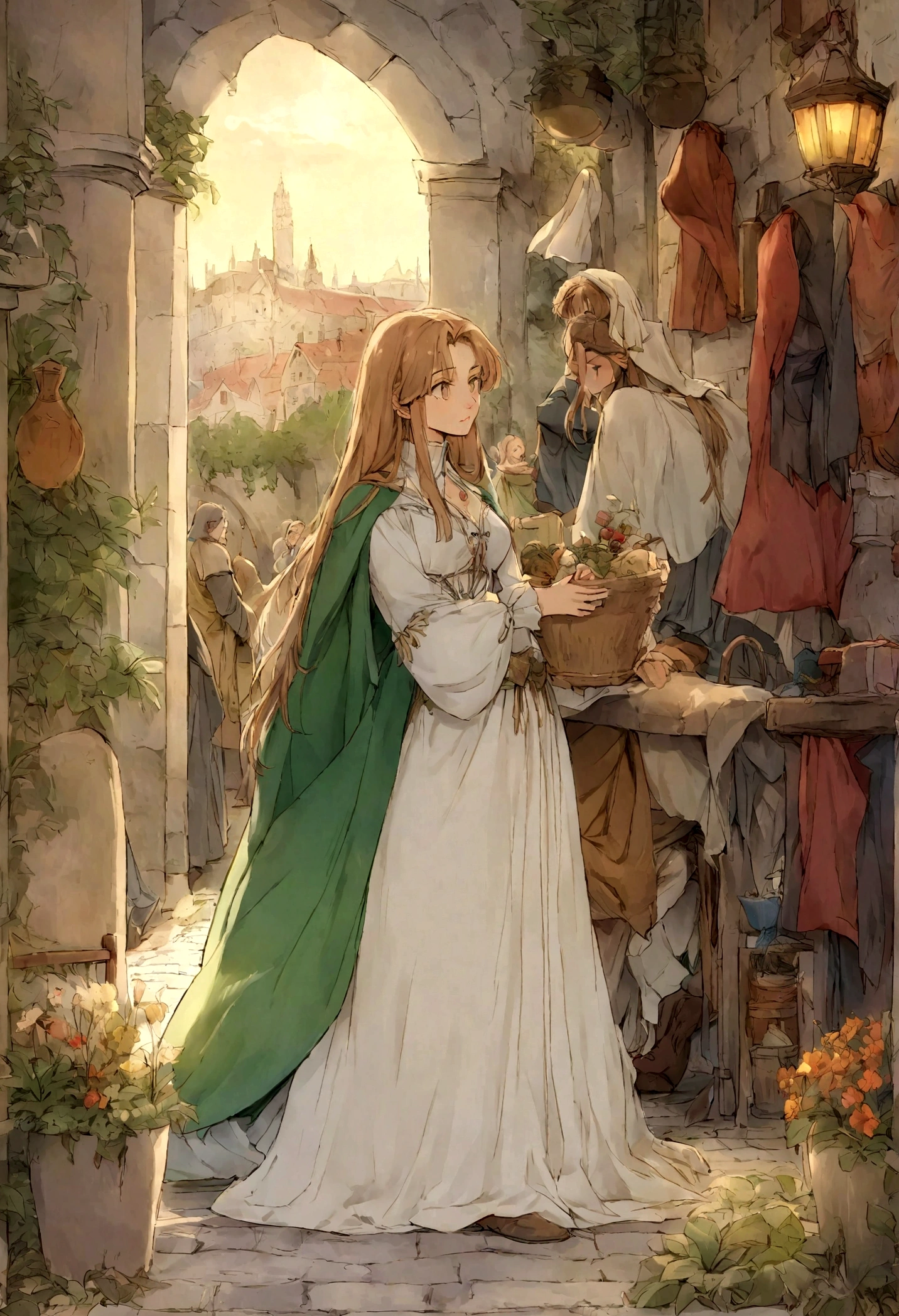 Mujer blanca, by the chestnut (ojos verdes), vestido medieval , escapando en Londres medieval, edad del renacimiento, de noche, niebla, antiguo, fondo, de iglesias.