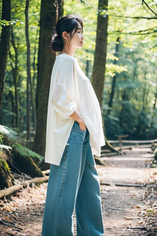whole body,白のone piece,1 girl,alone,
(8k, RAW Photos, highest quality, masterpiece:1.3),(Realistic, photo-Realistic:1.37),Realistic skin texture,(photoRealistic:1.3),(hyperRealistic:1.2), Woman standing in the forest, white one piece, wearing a white one piece, Wearing denim pants, wearing a denim pants, wearing casual one piece, one piece, wearing an oversized denim pants, Bright sunny day, Standing near the forest, Stand in nature, Fine, simple and delicate structure, korean female fashion model, Soft light from the side, 70mm Portrait, Simple clothes,whole body入ってる