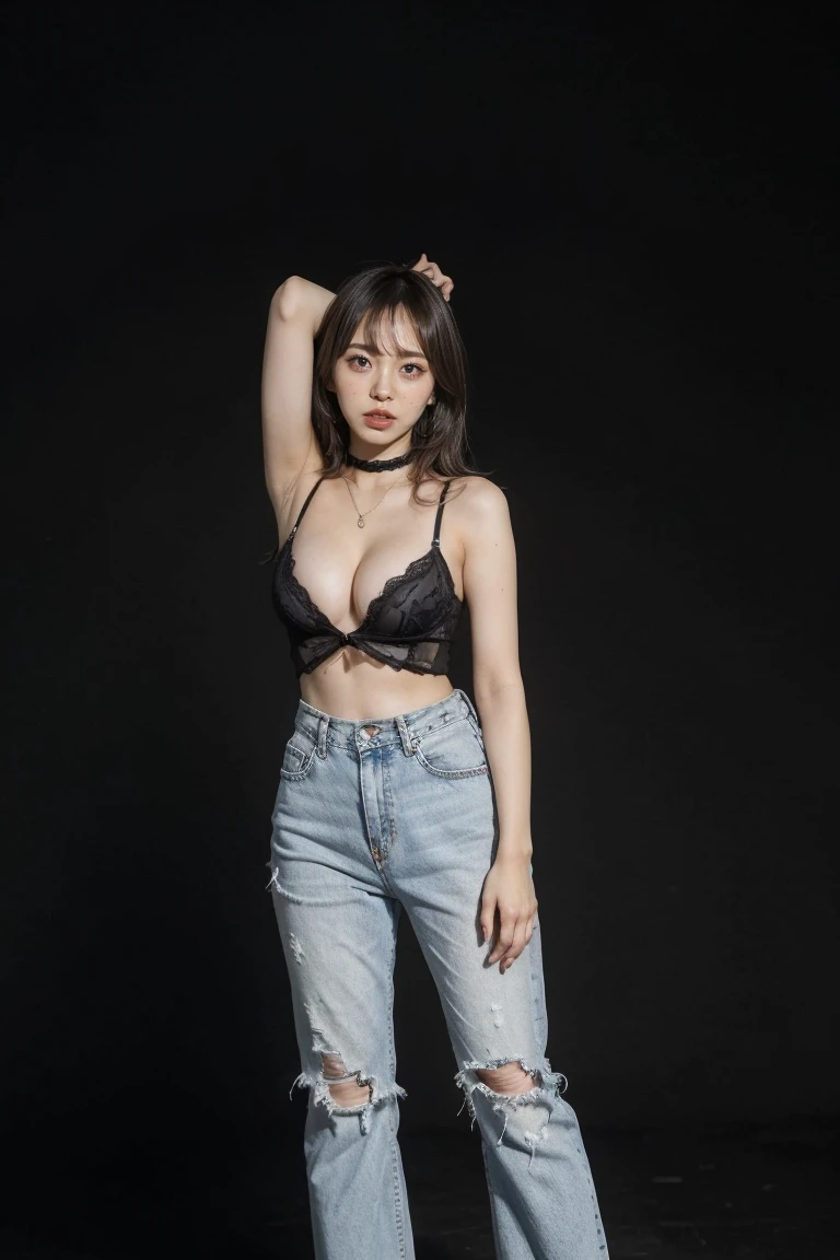 (highest quality,8k,32k,masterpiece,Ultra-high resolution:1.2),((Sexy expression:1.2)), ((Medium Hair,Beautiful bangs:1.5)), Shooting from directly in front:1.2, Professional Lighting, Flash photography:1.5, Shaded photos,((Cleavage:1.5)),((small breast)), (full body:1.5, long shot:1.5), (Head to Toe:1.8), Choker Necklace, ((Plain black background:1.8)), (全面Plain black backgroundのホリゾント撮影スタジオ:1.8),((Black top with a plunging neckline:1.2)),((Wide-leg denim pants:1.2)), ((Black stiletto heels:1.2)), ((I can't look directly at the nipples:1.5, Know the shape of your nipples:1.6))