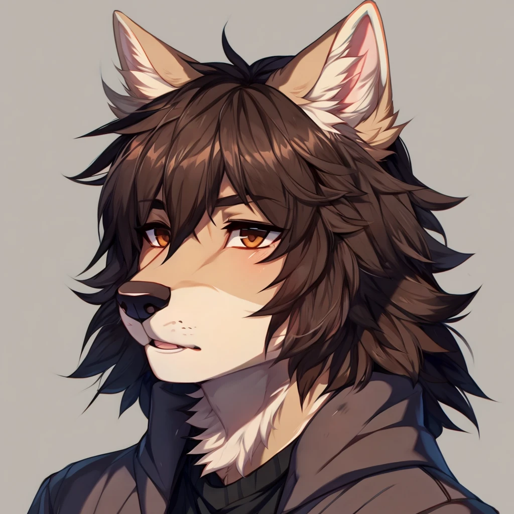 By fumiko, by hyattlen, by claweddrip, a tan male furry wolf, cute snout, black nose, tan ears, brown shaggy hair, brown eyes, exhausted, mouth open, looking ahead, blend in with character