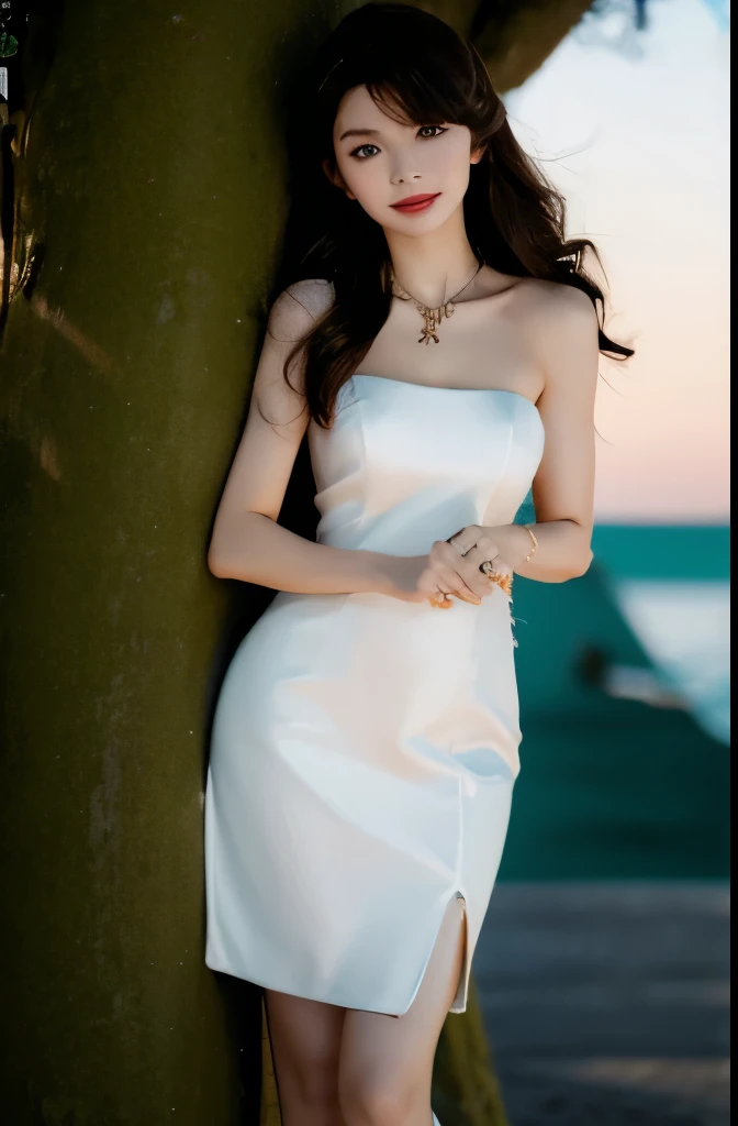 Beautiful woman with perfect body:1.4,Layered Hairstyle,Highly detailed face and skin textures,Double eyelids,Skin Whitening,Long hair,Whitened long legs,(cheongsam,necklace),Standing by the sea