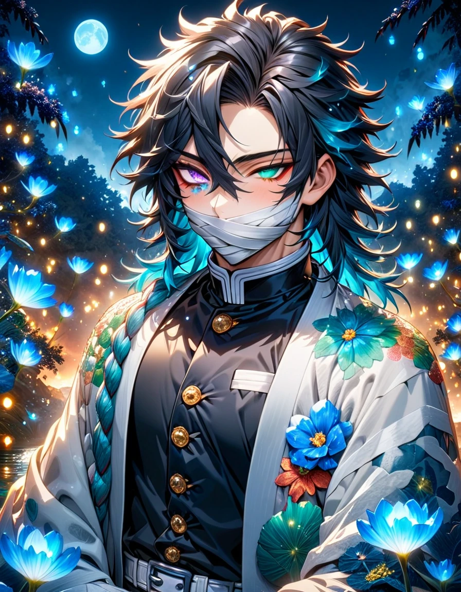 absurdres, highres, ultra detailed, HDR, masterpiece, Iguro Obanai, straight-edged black hair of varying lengths, hair between the eyes, heterochromia, right eye turquoise, bandages over his mouth, left eye yellow, Kimetsu No Yaiba, solo, sexy man, handsome, white haori with black lines, demon slayer uniform, white small snake on his shoulder, magical, fantasy, water, blue moon, starry, blue fireflies, blue flowers 