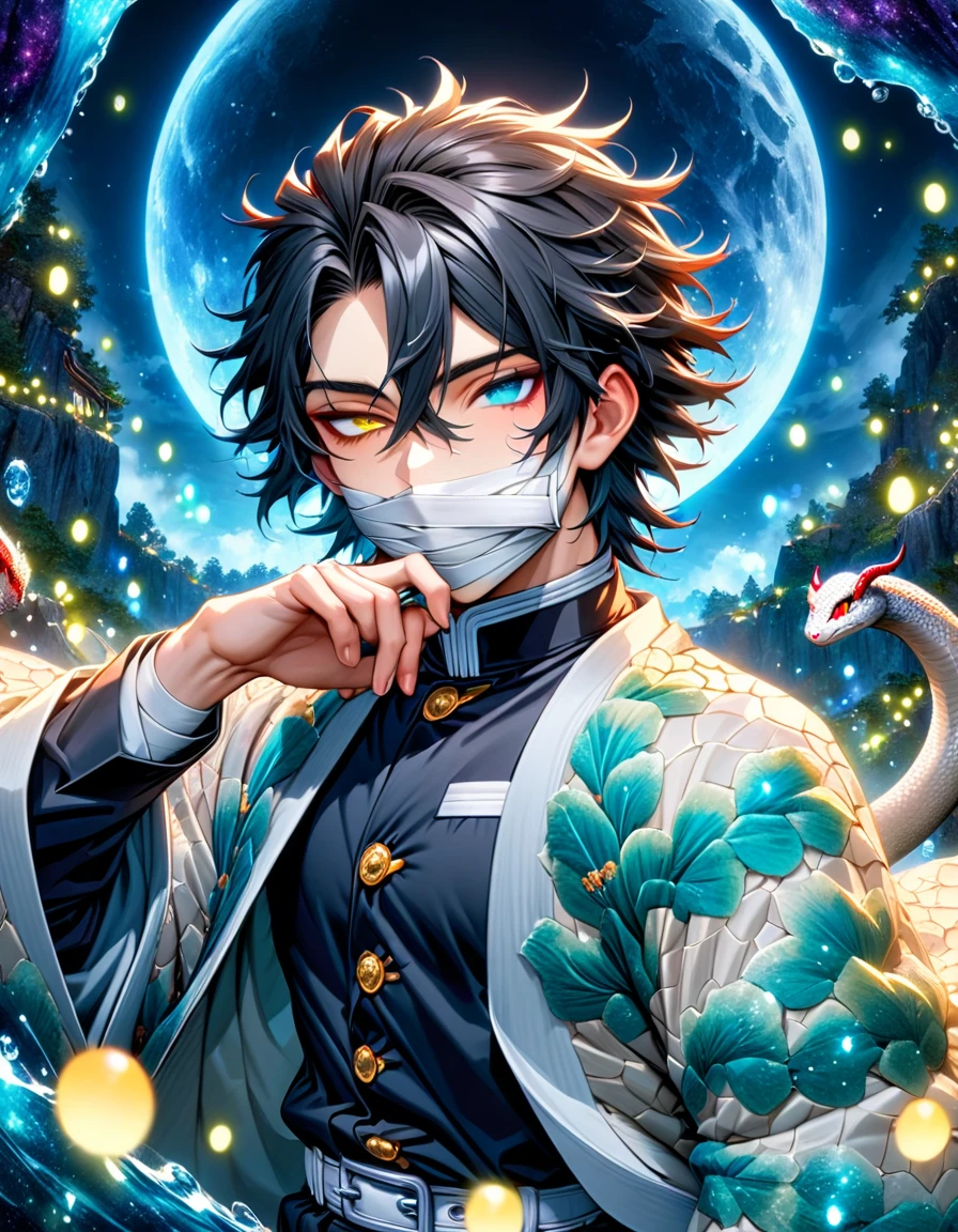 absurdres, highres, ultra detailed, HDR, masterpiece, Iguro Obanai, straight-edged black hair of varying lengths, hair between the eyes, heterochromia, right eye turquoise, bandages over his mouth, left eye yellow, Kimetsu No Yaiba, solo, sexy man, handsome, white haori with black lines, demon slayer uniform, white small snake on his shoulder, magical, fantasy, water, blue moon, starry, blue fireflies, blue flowers 