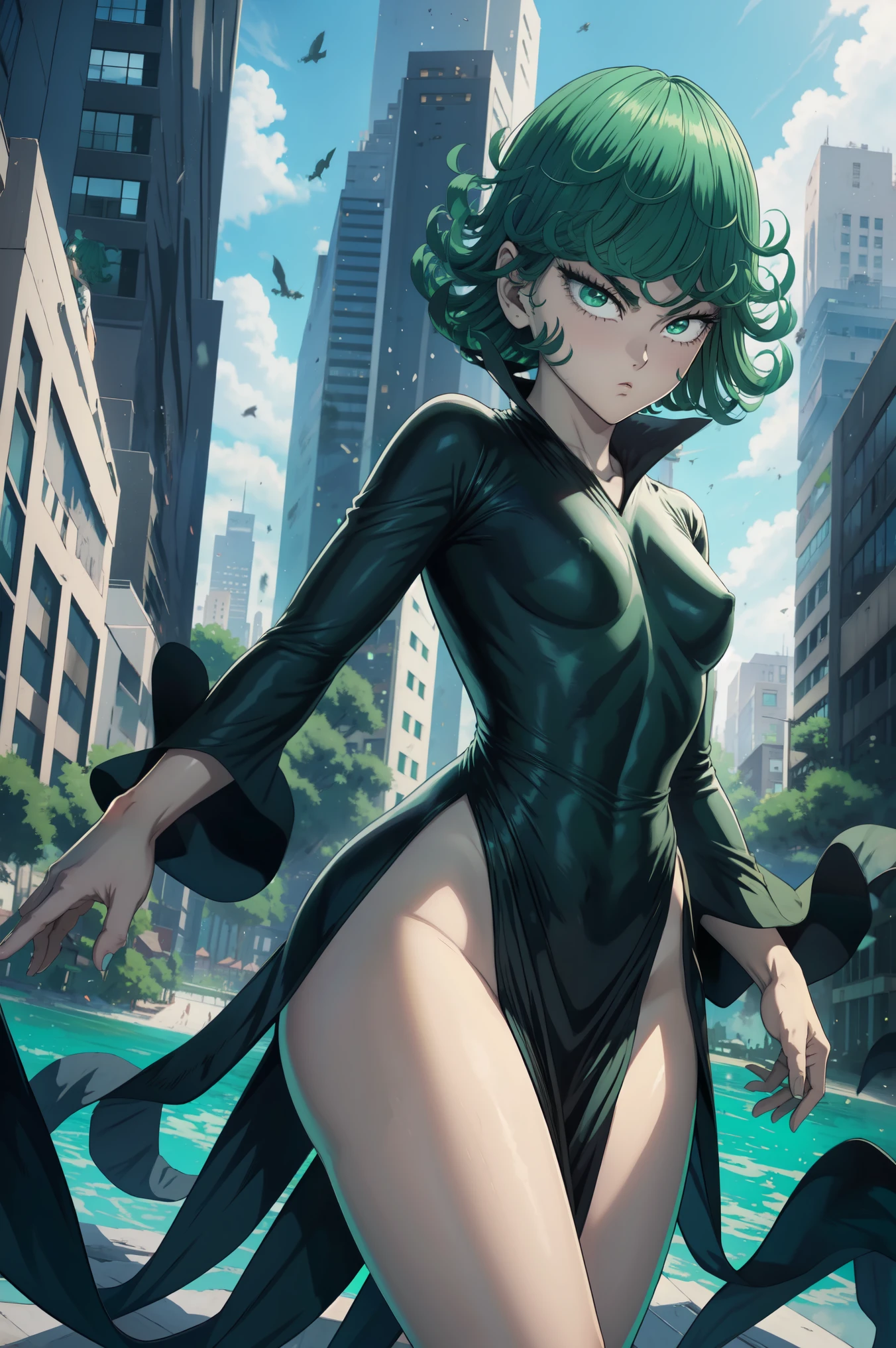 Tatsumaki de one punch man, pelo verde corto, ojos verdes, , vistiendo un vestido negro ajustado con cuello en V, tacones, vista de cuerpo completo, sonriente, Parado en una ciudad destruida, dynamic pose, dynamic view, pierna levantasa