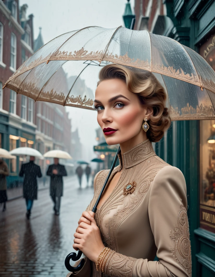 A classic vintage color portrait photograph of a Dutch woman with a detailed face, elegantly wearing a traditional non-Dutch kebaya, holding a folded umbrella, and strolling through a small city during a light rain. The backdrop features beautiful Art Deco architecture reminiscent of the 1920s, with ultra sharp focus and intricate detail, including art-nouveau posters, street signs, vintage signage in the background, creating an atmosphere of romance and nostalgia. The portrait captures a moment of grace and poise, highlighting the fashion and architecture of the era, with a cinematic quality.