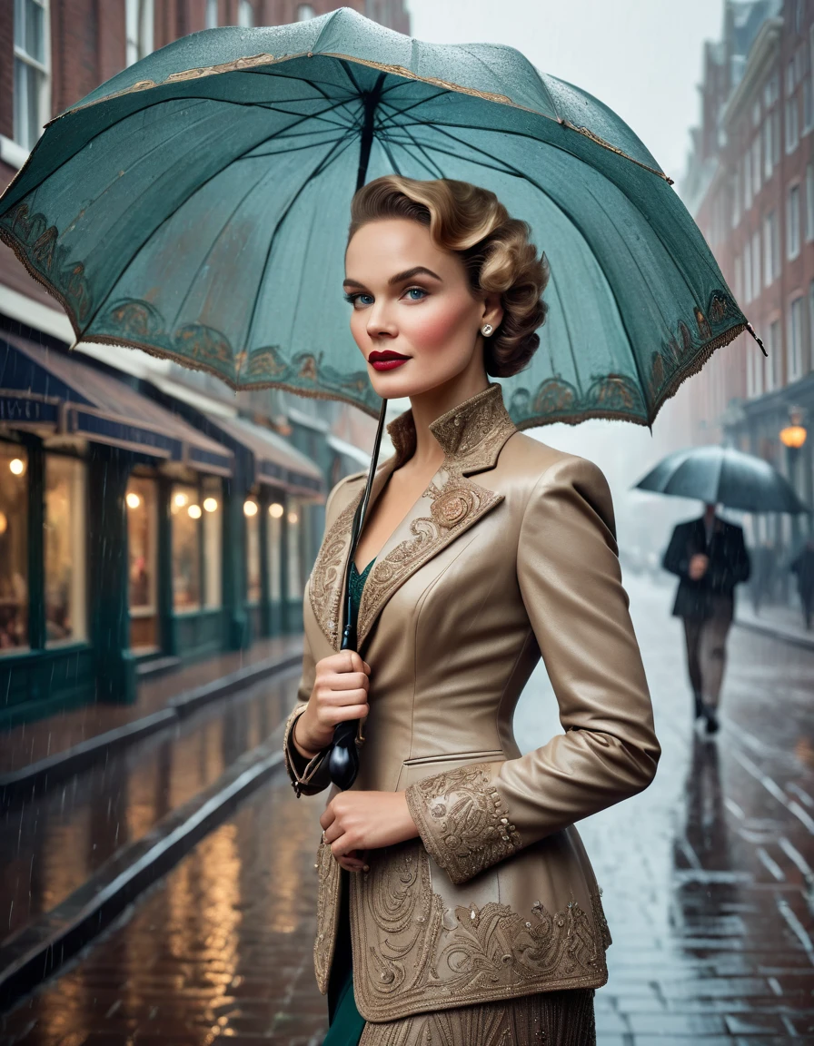 A classic vintage color portrait photograph of a Dutch woman with a detailed face, elegantly wearing a traditional non-Dutch kebaya, holding a folded umbrella, and strolling through a small city during a light rain. The backdrop features beautiful Art Deco architecture reminiscent of the 1920s, with ultra sharp focus and intricate detail, including art-nouveau posters, street signs, vintage signage in the background, creating an atmosphere of romance and nostalgia. The portrait captures a moment of grace and poise, highlighting the fashion and architecture of the era, with a cinematic quality.