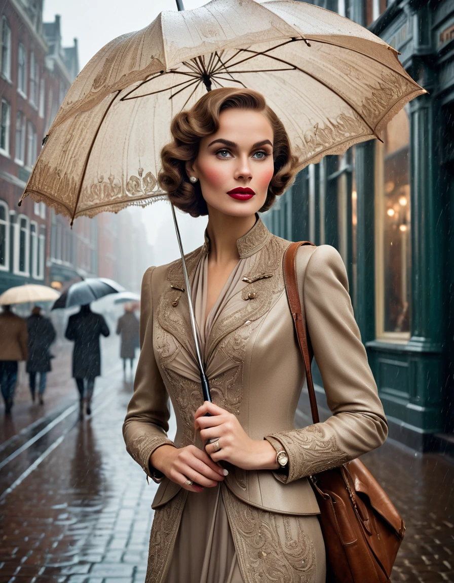 A classic vintage color portrait photograph of a Dutch woman with a detailed face, elegantly wearing a traditional non-Dutch kebaya, holding a folded umbrella, and strolling through a small city during a light rain. The backdrop features beautiful Art Deco architecture reminiscent of the 1920s, with ultra sharp focus and intricate detail, including art-nouveau posters, street signs, vintage signage in the background, creating an atmosphere of romance and nostalgia. The portrait captures a moment of grace and poise, highlighting the fashion and architecture of the era, with a cinematic quality.
