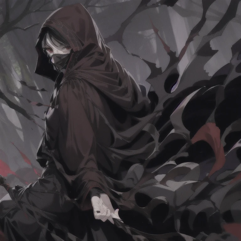 No name assassin, red eyes, cloak, robe, white gloves, dagger, black hair, long skirt, mask, hood, cape, best quality, forest, day