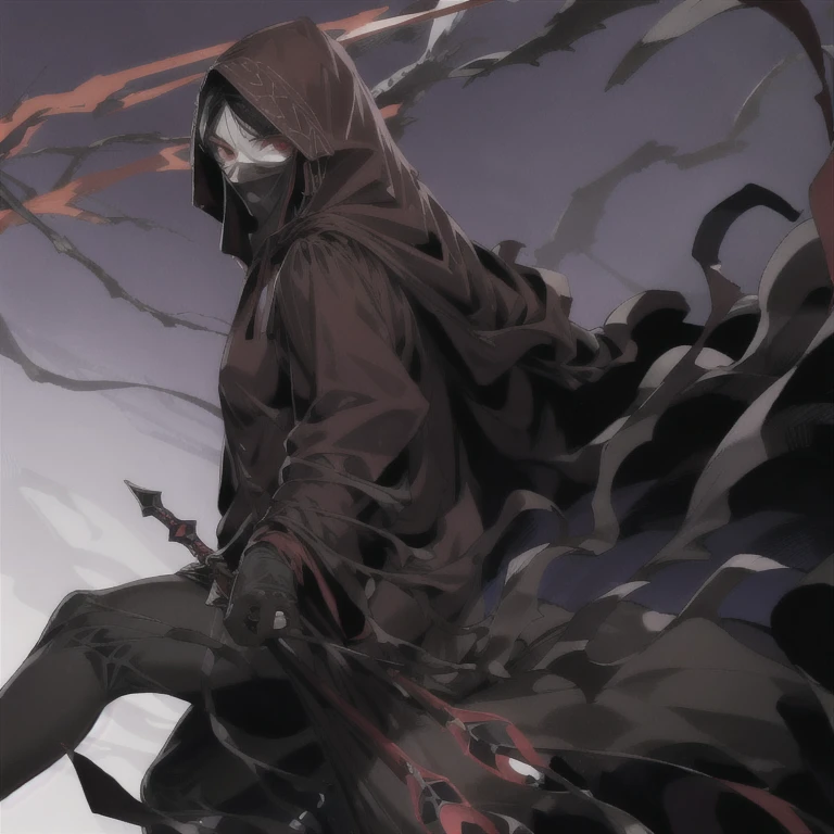 No name assassin, red eyes, cloak, robe, white gloves, dagger, black hair, long skirt, mask, hood, cape, best quality, forest, day