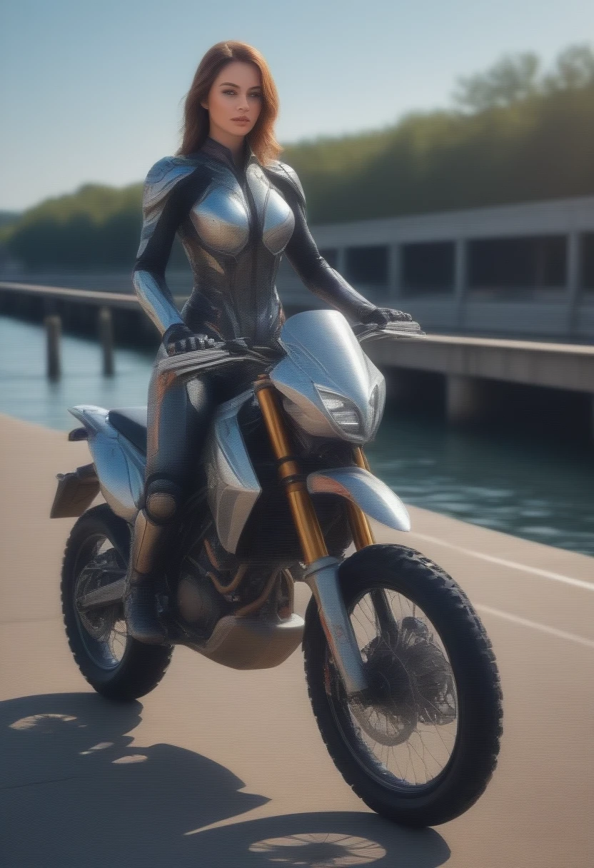 a beautiful female cyborg woman with shoulder-length hair, riding a KTM 450 motocross motorcycle on a wharf scene, glamorous figure, slim body, magnificent anatomy, 1/2 body crop, (intricate details:1.12), (intricate details, hyper-detailing:1.15), (natural skin textures, hyper realistic, soft light, sharp:1.2), HDR, best quality, 4k, 8k, highres, masterpiece, absurdres