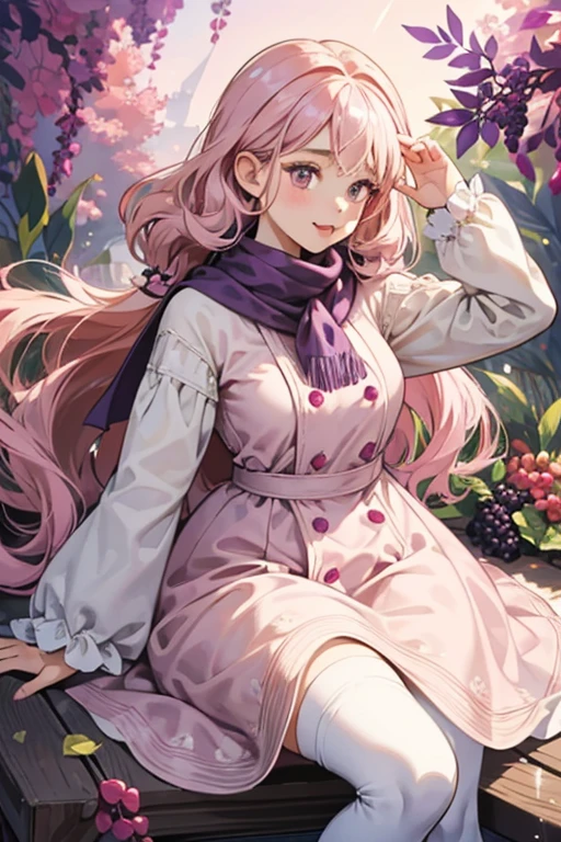 Patitchi has hair resembling a cream topping with dark pink berries and leaves. She has light pink skin, brown eyes, and a curvy cat-like mouth. She wears a white long-sleeved dress with mauve buttons and trim, pinkish-purple stockings, and a purple scarf. SPARKLE; GLITTER
