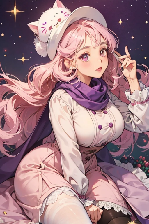 Patitchi has hair resembling a cream topping with dark pink berries and leaves. She has light pink skin, brown eyes, and a curvy cat-like mouth. She wears a white long-sleeved dress with mauve buttons and trim, pinkish-purple stockings, and a purple scarf. SPARKLE; GLITTER