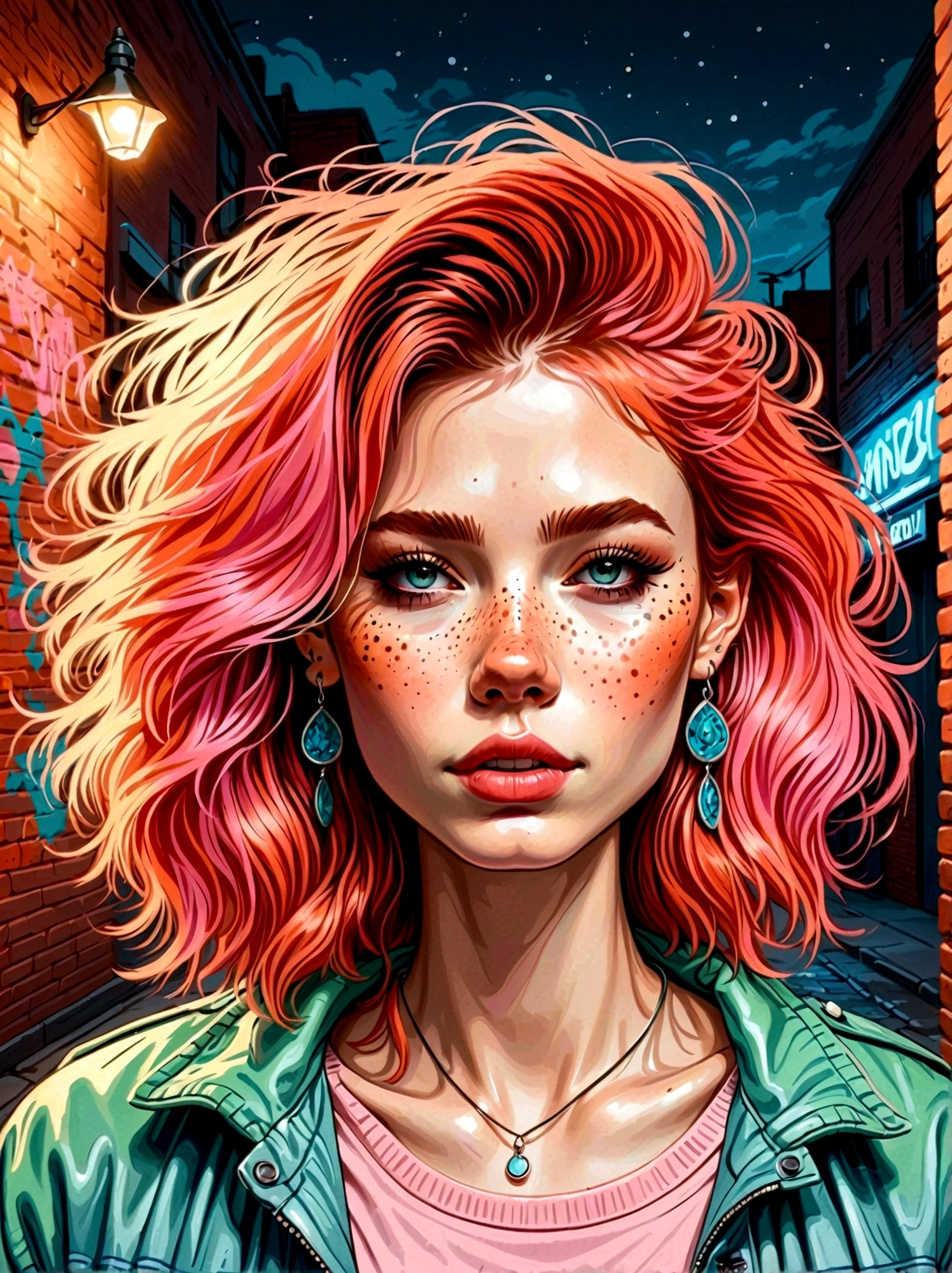 (masterpiece, best quality, Intricate details, Chromatic Aberration), Practical, ((Moderate breathing)), Cartoon hand drawn, 1girl, solo, long hair, Red hair, Red decoration on head, pink highlights, Amber eyes, earrings, Sharp eyes, necklace, Neon shirt, ripped shorts, Unbuttoned jacket, turtleneck sweater, night, Against the wall, Brick Wall, Graffiti, Dim Lights, alley, Look at the audience,Magical naive art,Bright blue and green,The color palette is in red, orange and black tones and has a sketchy style, The background should have a simple hand-drawn doodle pattern, 1shxx1