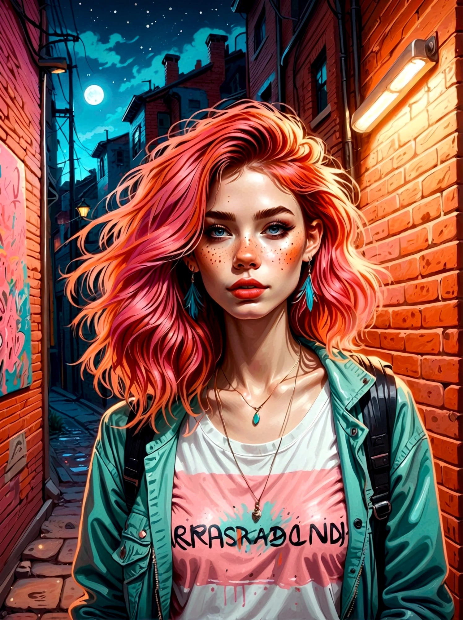 (masterpiece, best quality, Intricate details, Chromatic Aberration), Practical, ((Moderate breathing)), Cartoon hand drawn, 1girl, solo, long hair, Red hair, Red decoration on head, pink highlights, Amber eyes, earrings, Sharp eyes, necklace, Neon shirt, ripped shorts, Unbuttoned jacket, turtleneck sweater, night, Against the wall, Brick Wall, Graffiti, Dim Lights, alley, Look at the audience，Magical naive art，Bright blue and green，The color palette is in red, orange and black tones and has a sketchy style, The background should have a simple hand-drawn doodle pattern, 1shxx1