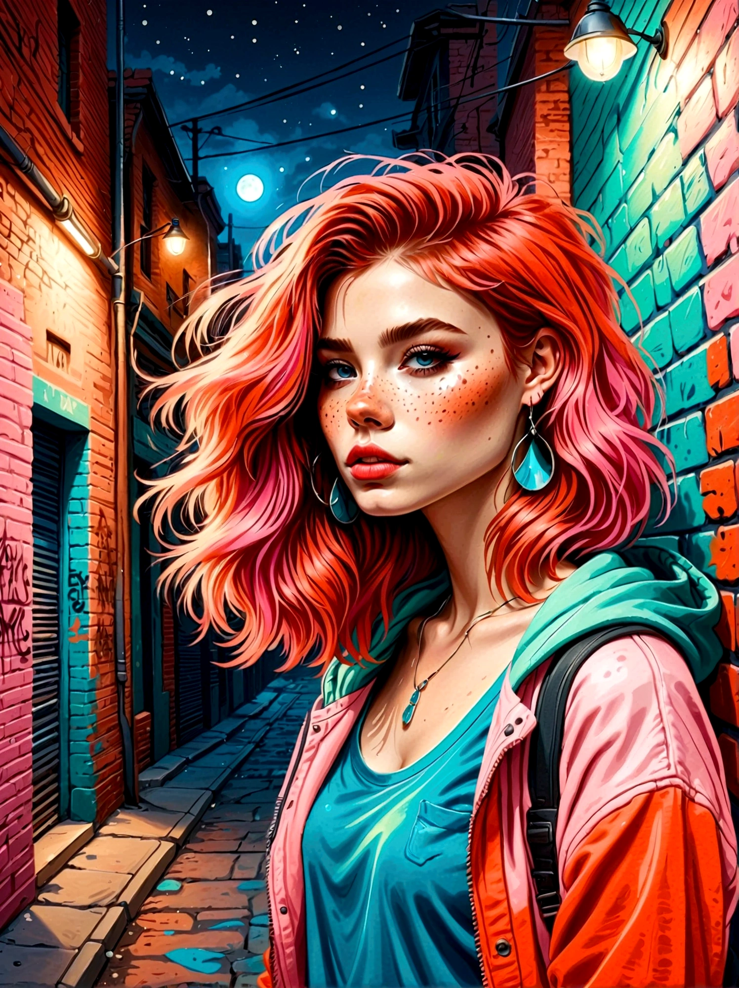 (masterpiece, best quality, Intricate details, Chromatic Aberration), Practical, ((Moderate breathing)), Cartoon hand drawn, 1girl, solo, long hair, Red hair, Red decoration on head, pink highlights, Amber eyes, earrings, Sharp eyes, necklace, Neon shirt, ripped shorts, Unbuttoned jacket, turtleneck sweater, night, Against the wall, Brick Wall, Graffiti, Dim Lights, alley, Look at the audience,Magical naive art,Bright blue and green,The color palette is in red, orange and black tones and has a sketchy style, The background should have a simple hand-drawn doodle pattern, 1shxx1