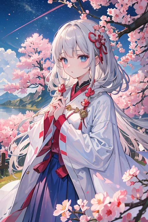 32k, highest quality, 超High resolution, High resolution, 超High resolution, Highly detailed CG, Unity 32K Wallpapers, (highest quality, masterpiece),(1 girl, Shrine maiden, coat, Performance, Light brown, Looking to the future ,silver hair, lightblue eyes, walk, Upper Body), (Night Sky, Huge old tree in the background, Shiny pink petals falling behind, The shrine behind, Mountain Background, The wind is blowing, meteor cloud), Small breasts