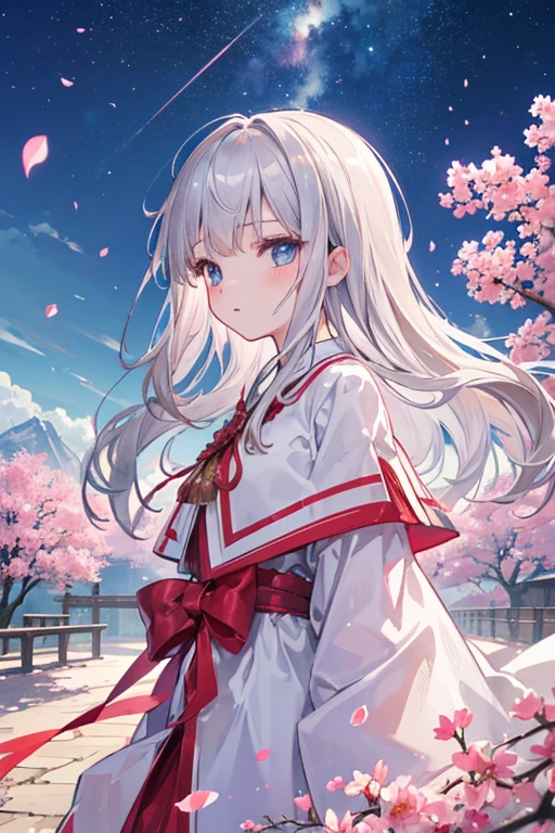 32k, highest quality, 超High resolution, High resolution, 超High resolution, Highly detailed CG, Unity 32K Wallpapers, (highest quality, masterpiece),(1 girl, Shrine maiden, coat, Performance, Light brown, Looking to the future ,silver hair, lightblue eyes, walk, Upper Body), (Night Sky, Huge old tree in the background, Shiny pink petals falling behind, The shrine behind, Mountain Background, The wind is blowing, meteor cloud), Small breasts
