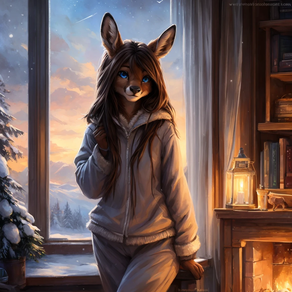 uploaded the e621, beautiful and detailed portrait of a (((female))) small very young solo teenage young anthro female deer doe with with small hips and a skinny body and ((clear navy blue eyes)),  ( small legs and hips :1.5), small pelvis, Slim waist, wearing a comfy winter fullbody pijama, inside of a warm and cozy house or room, long brown hair,  kenket, Ross Tran,ruan jia, uploaded to e621, zaush, foxovh, zenematic lighting, deer,full body, day, beautiful, messy hair, brown hair, 1girl, solo, night, smiling shyly, detailed,hair covering eyes,  winter sky,  black and brown hair, long hair floating in the wind, beautiful, (sublime: 1.0), (Extremely sensitive: 1.0), 
