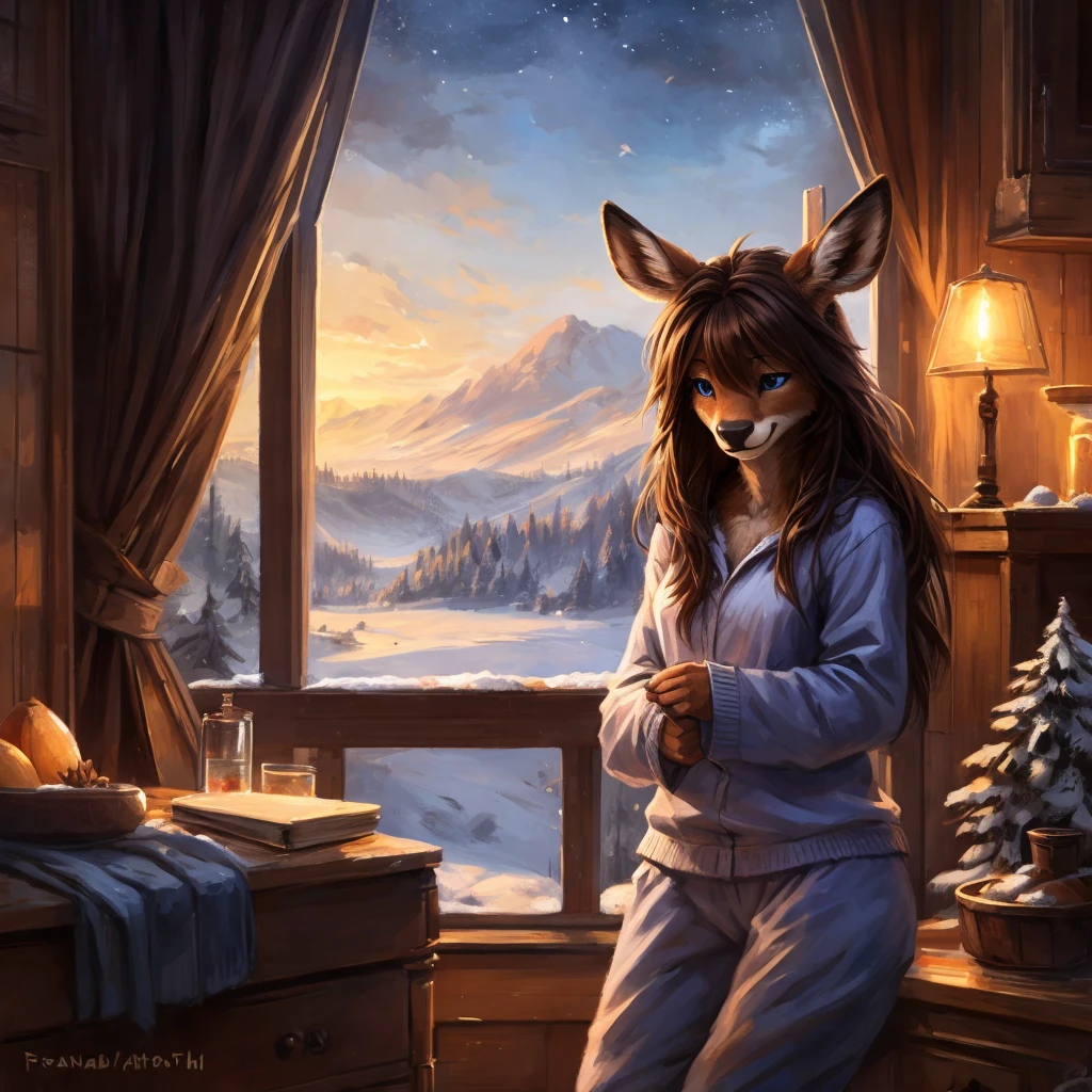 uploaded the e621, beautiful and detailed portrait of a (((female))) small very young solo age young anthro female deer doe with with small hips and a skinny body and ((clear navy blue eyes)), ( small legs and hips :1.5), small pelvis, Slim waist, wearing a comfy winter fullbody pijama, inside of a warm and cozy house or room, long brown hair, kenket, Ross Tran,ruan jia, uploaded to e621, zaush, foxovh, zenematic lighting, deer,full body, day, beautiful, messy hair, brown hair, 1girl, solo, night, smiling shyly, detailed,hair covering eyes, winter sky, black and brown hair, long hair floating in the wind, beautiful, (sublime: 1.0), (Extremely sensitive: 1.0),