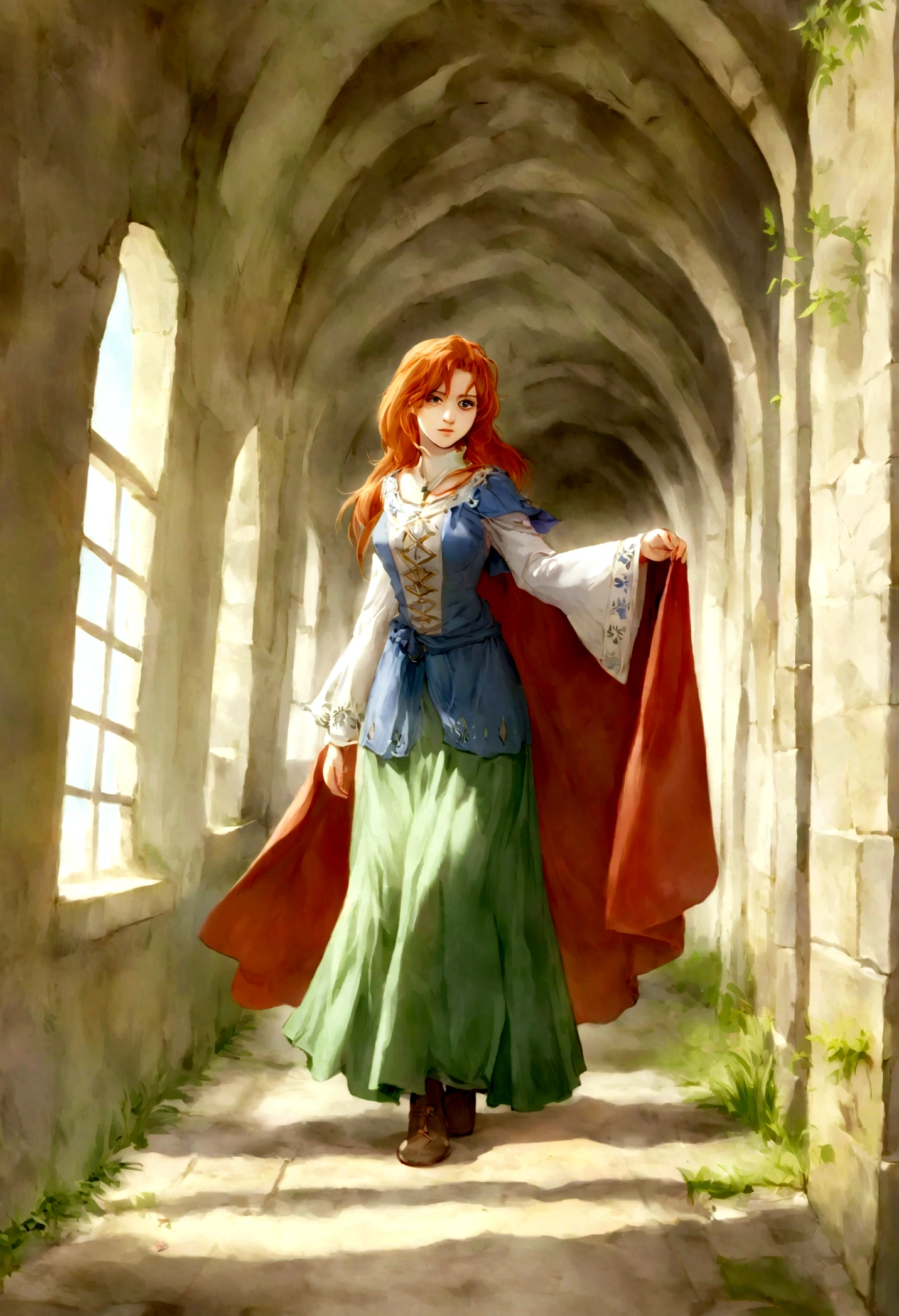 Mujer blanca, by the chestnut (ojos verdes), vestido medieval , escapando en Londres medieval, edad del renacimiento, de noche, niebla, antiguo, fondo, de iglesias.