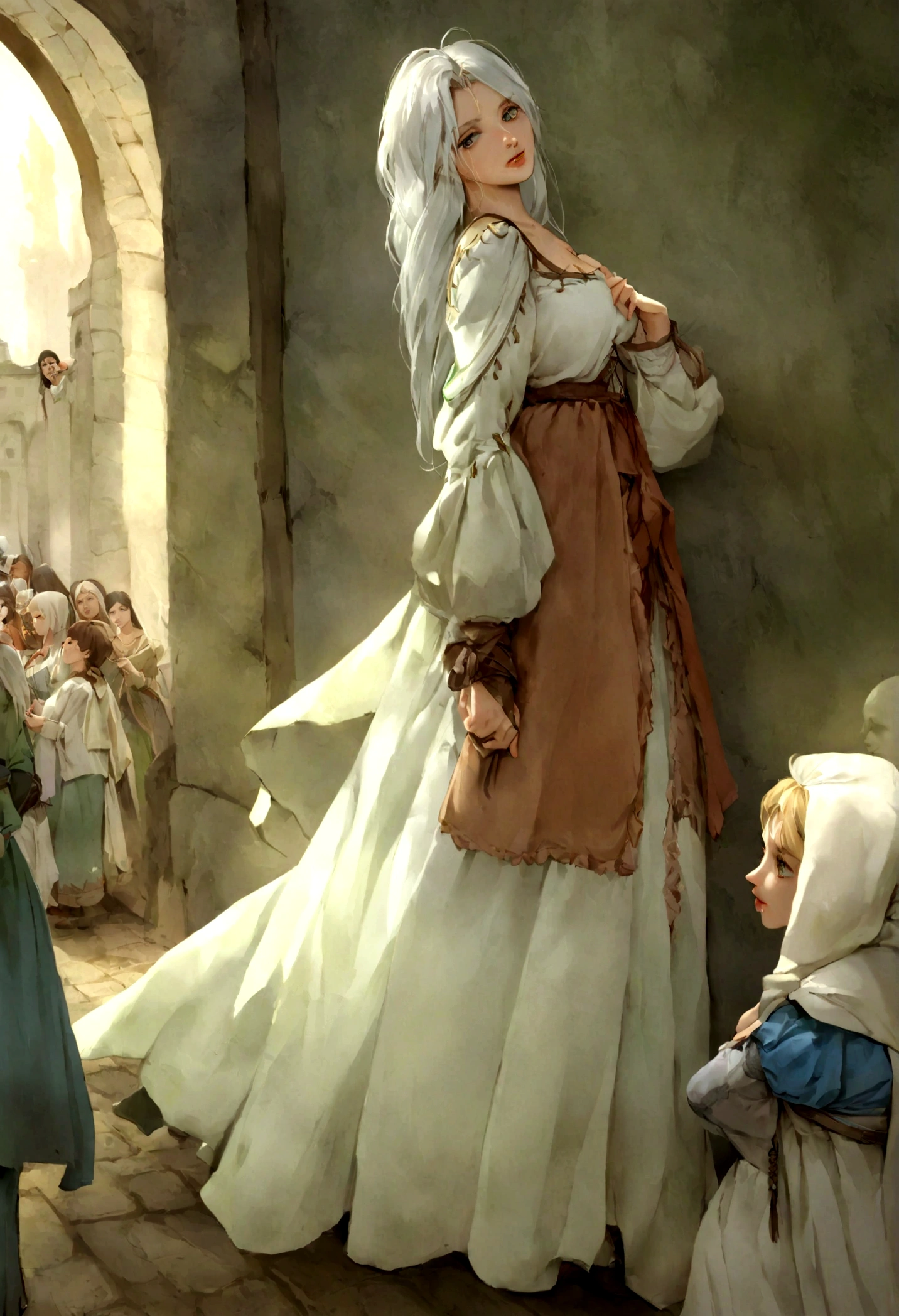 Mujer blanca, by the chestnut (ojos verdes), vestido medieval , escapando en Londres medieval, edad del renacimiento, de noche, niebla, antiguo, fondo, de iglesias.
