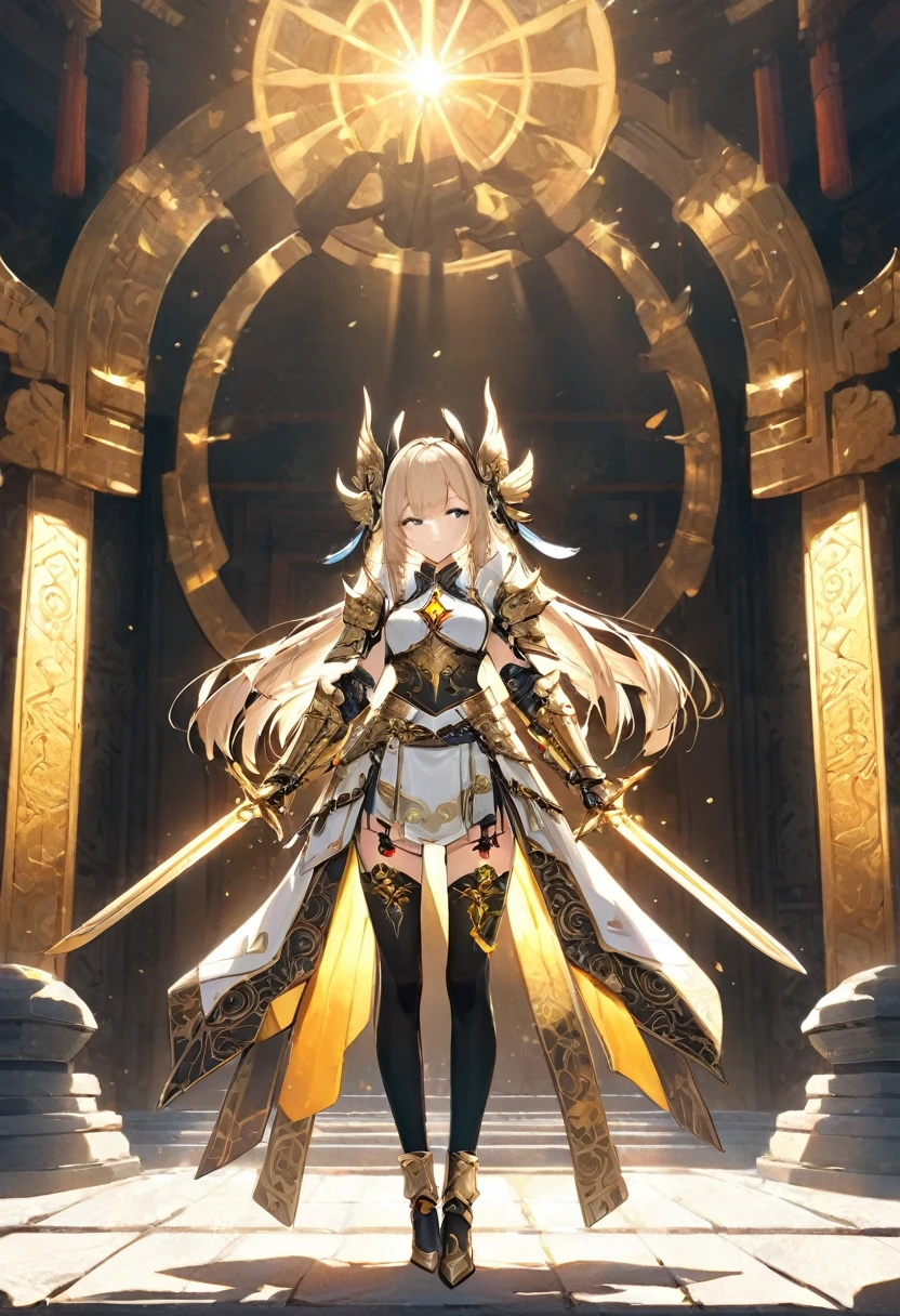(((masterpiece, best quality, high detailed, 8k))) Design a layout showcase Gaming character, (1girl). White|Gold clothes, stylish and unique. ((showcase weapon:1.4)), holy scepter. (masterpiece:1.2), (best quality), 4k, ultra-detailed. (Step by step design, layout art:1.5), (luminous lighting, atmospheric lighting). priestess, ((glove full hands)), (((revealing clothes:1.3))), vambraces, armored legwear, (((full_body_shot:1.4))). {In a sacred temple}.