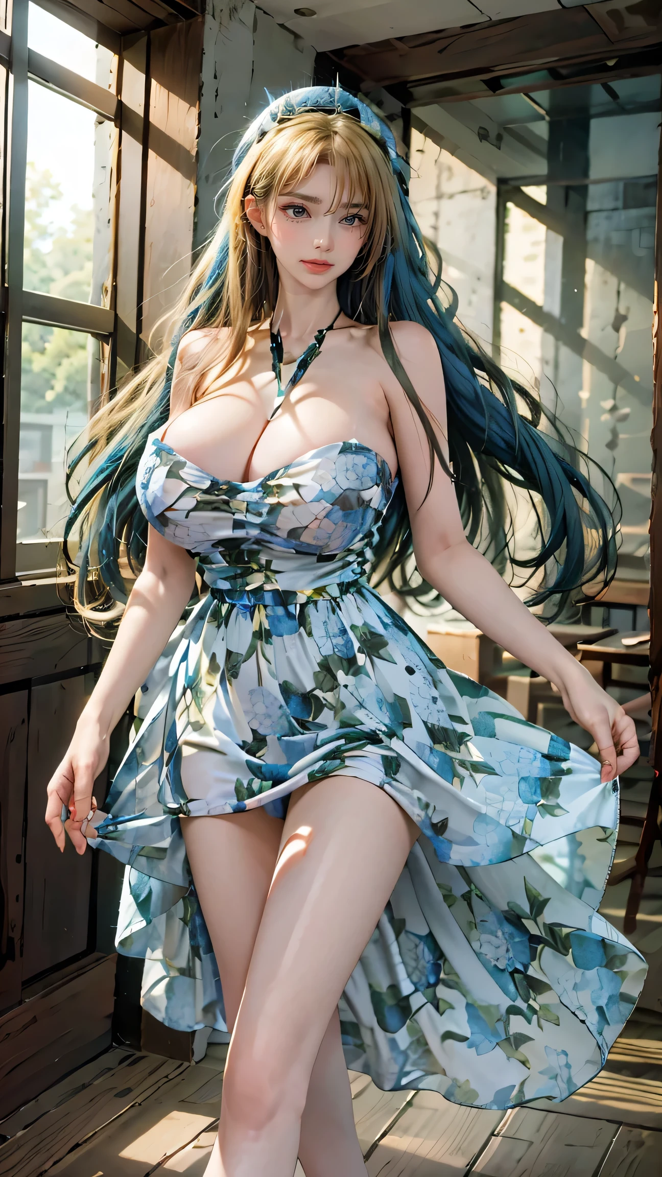 Best quality, masterpiece, ultra high res, raw photo, beautiful and aesthetic, deep shadow, fairy theme,(ultra detailed:1.3),
1girl, dynamic pose, headdress, (beautiful face, detailed eye:1.2), embarrassed, drill hair, long hair, blonde hair, gradient hair, yellow eyes, solo, (busty breasts, gigantic breasts:1.1), big hair, blue hair, divine goddess, looking at viewer, indoors, modern bedroom, room full of curtain, astraea, full body, bare shoulders, dress