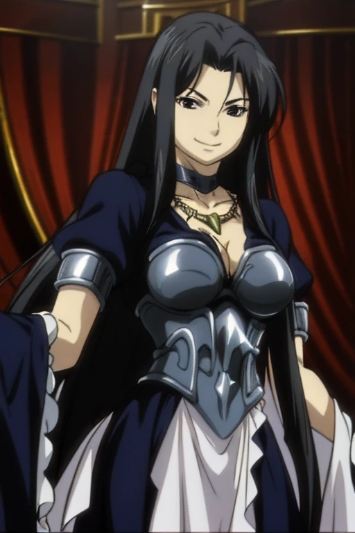 masterpiece, best quality, high quality details, 1girl, solo, breast, long hair, dress, purple eyes, very long hair, black hair, choker, collarbone, fingerless gloves, long skirt, smile, bracelet, armor, upper body, breastplate, cleavage, necklace, jewelry, smile,