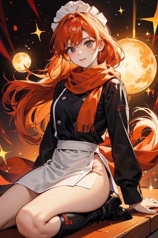 SHE has light orange body and wears a long sleeve chef uniform with a red scarf and black boots. SHe has orange poofy hair and there is a red cherry on top of it. SPARKLE; GLITTER