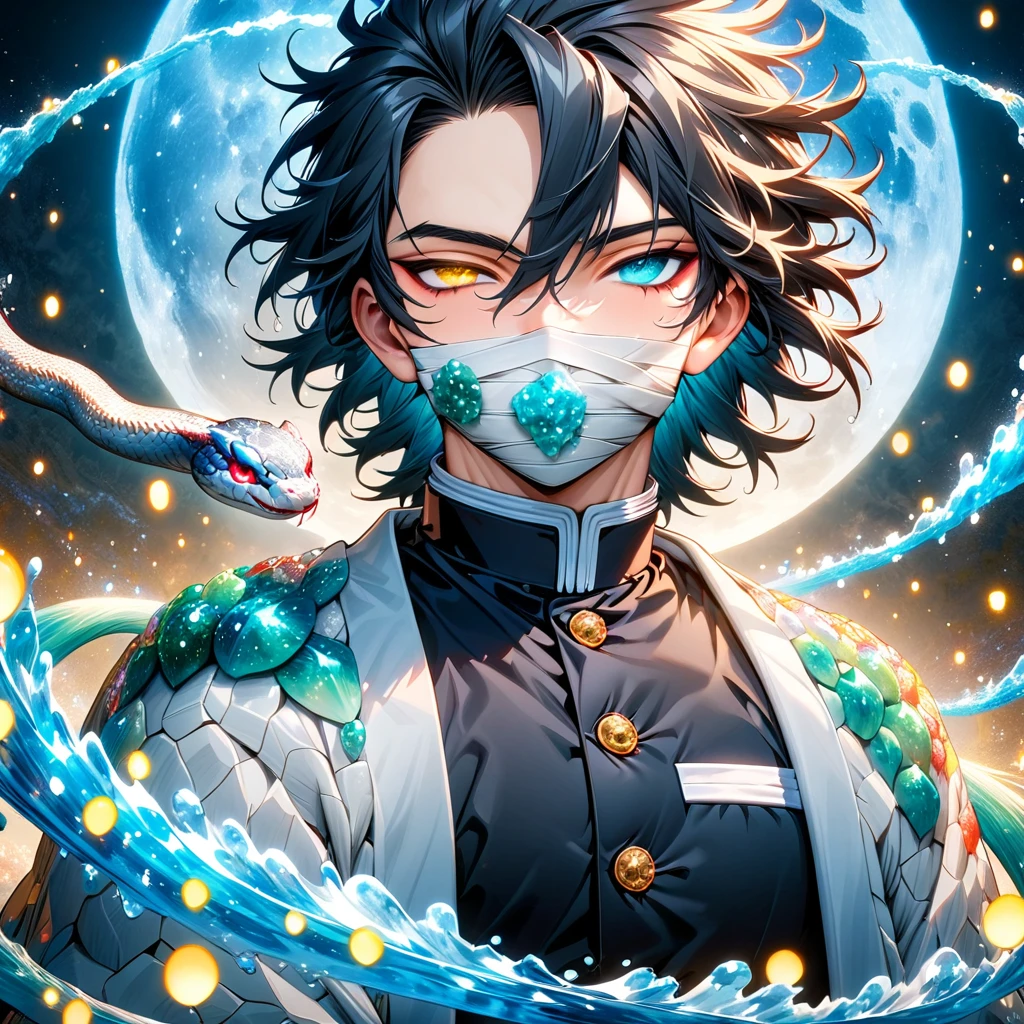 absurdres, highres, ultra detailed, HDR, masterpiece, Iguro Obanai, straight-edged black hair of varying lengths, hair between the eyes, heterochromia, right eye turquoise, bandages over his mouth, left eye yellow, Kimetsu No Yaiba, solo, sexy man, handsome, white haori with black lines, demon slayer uniform, white small snake on his shoulder, magical, fantasy, water, blue moon, starry, blue fireflies, blue flowers