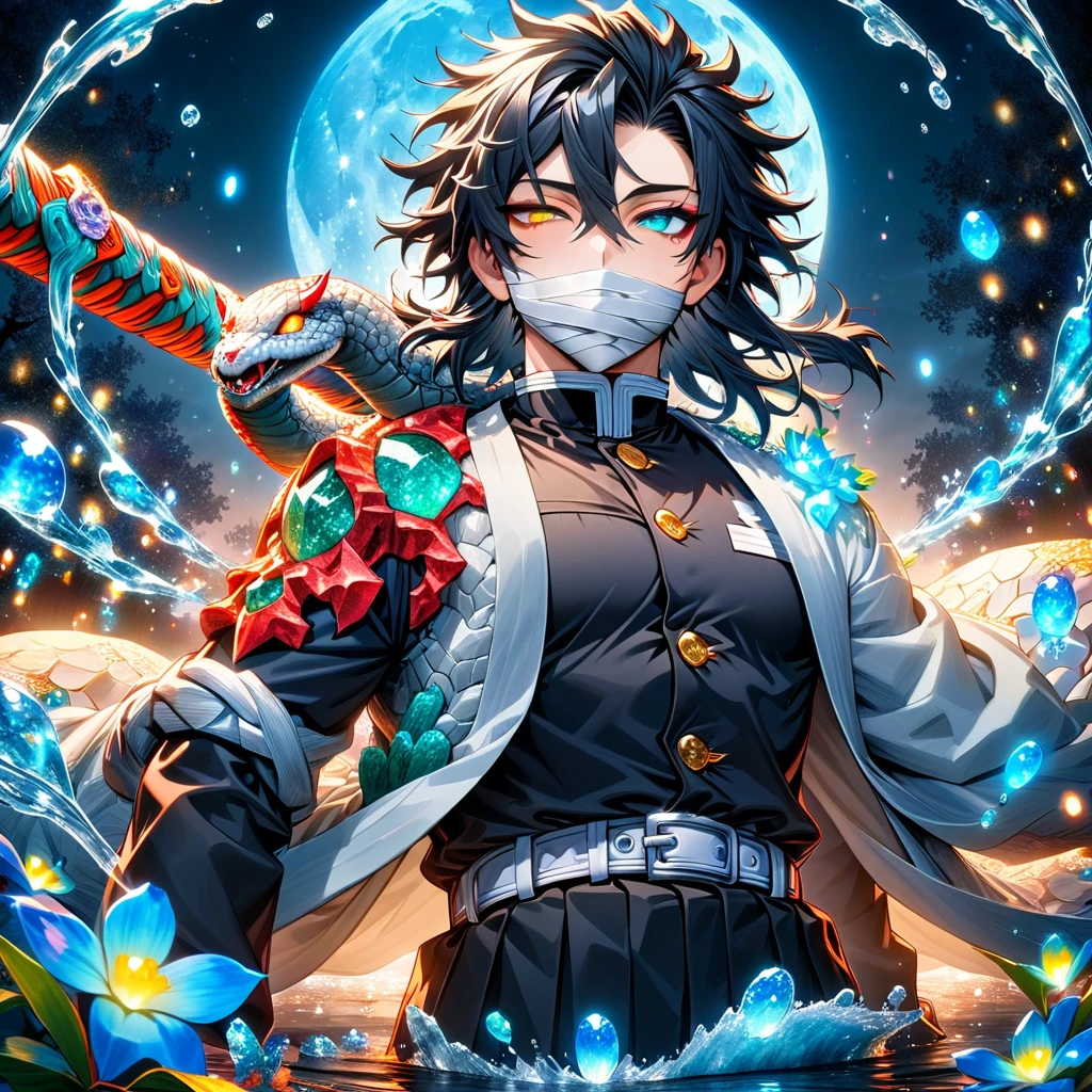 absurdres, highres, ultra detailed, HDR, masterpiece, Iguro Obanai, straight-edged black hair of varying lengths, hair between the eyes, heterochromia, right eye turquoise, bandages over his mouth, left eye yellow, Kimetsu No Yaiba, solo, sexy man, handsome, white haori with black lines, demon slayer uniform, white small snake on his shoulder, magical, fantasy, water, blue moon, starry, blue fireflies, blue flowers