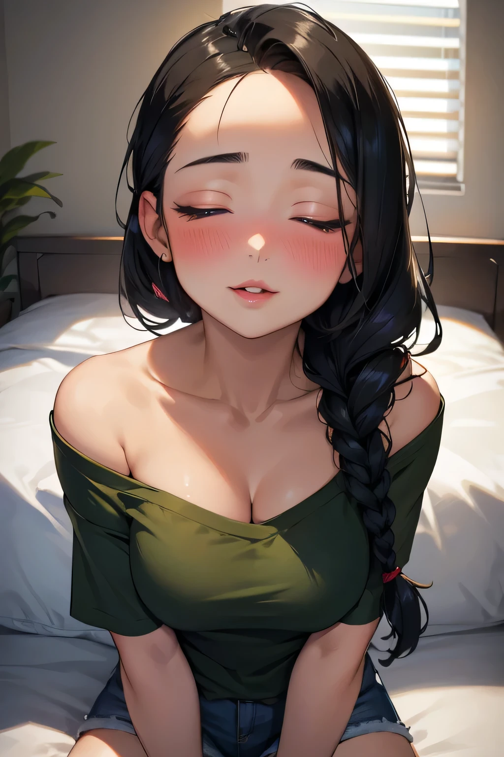 Amazing portrait of a sexy woman with her black hair in a single braid having a long forehead with seductive eyes and her lips parted smiling with the deepest blush wearing an off shoulder olive green t shirt and blue short shorts lying on the bed being very seductive and aroused