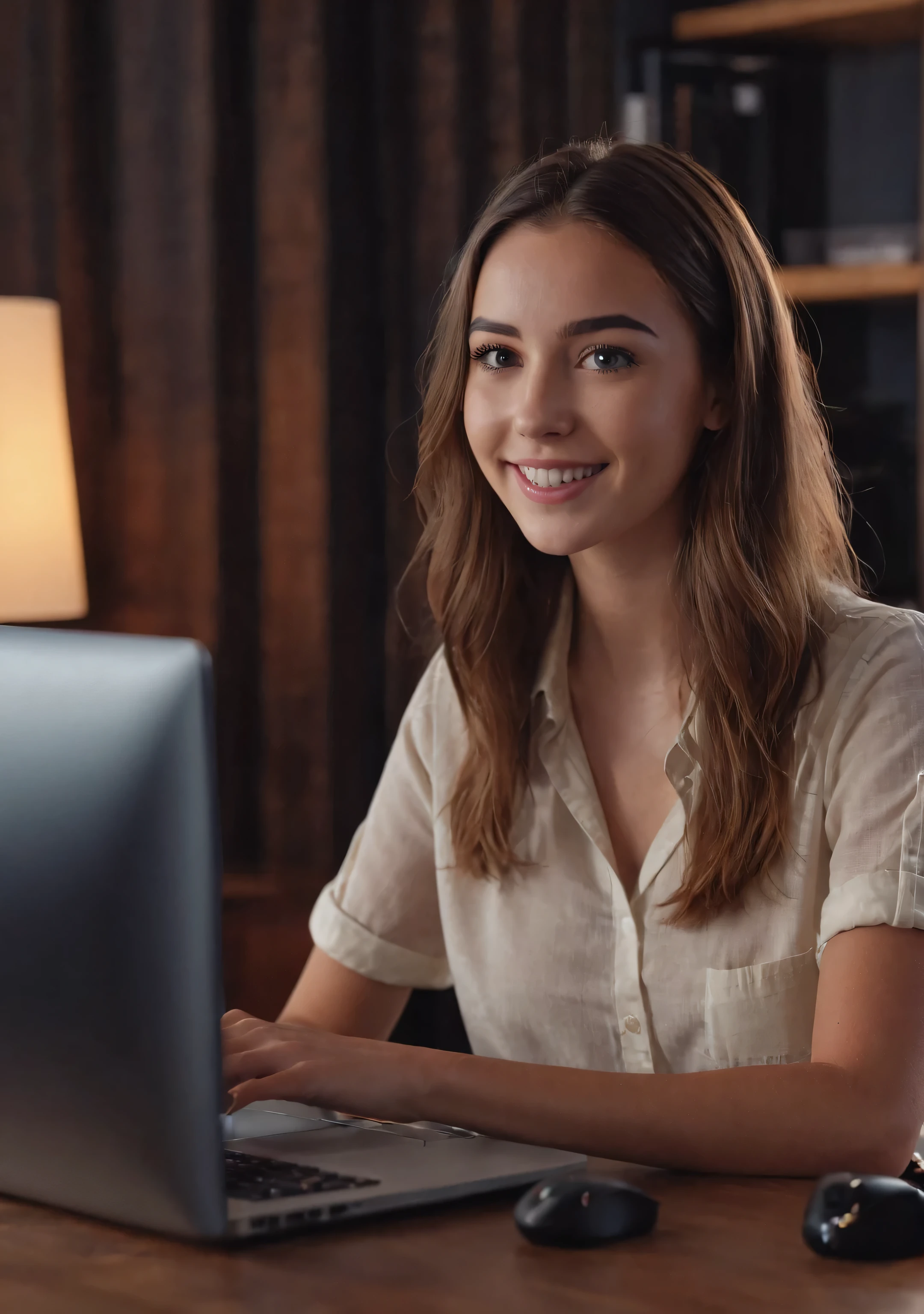 cinematic photo a girl at his computer talking to the camera about technology on youtube, excited, happy,  . 35mm photograph, film, bokeh, professional, 4k, highly detailed, detailed skin texture, (blush:0.5), (goosebumps:0.5), subsurface scattering