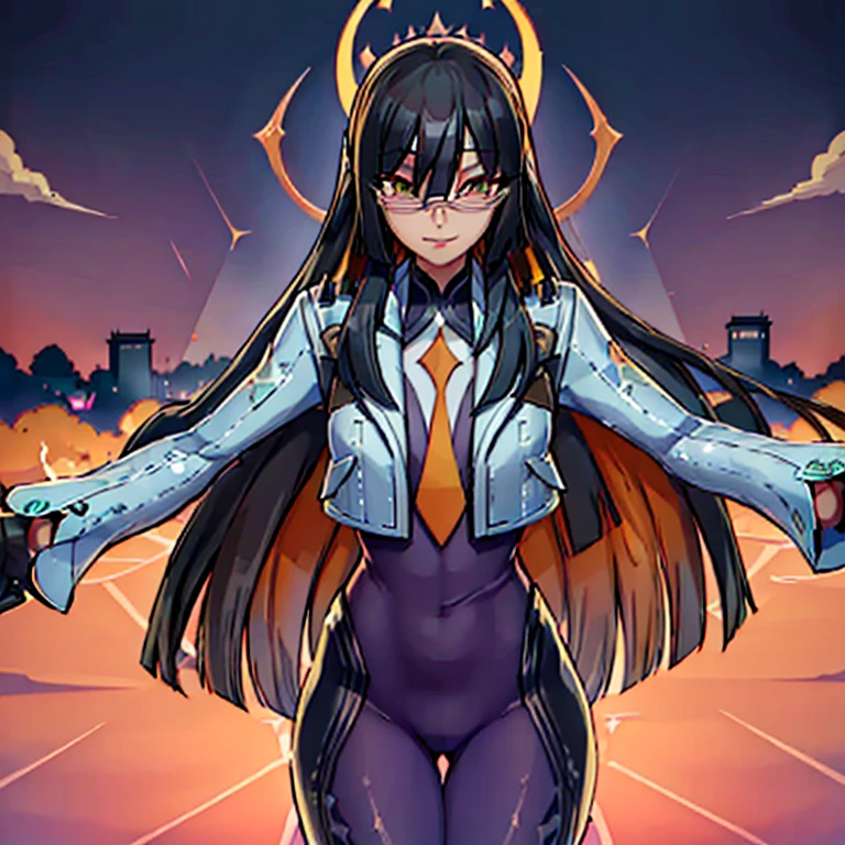 daraku, long hair, glasses, gloves, pants, smile, 
looking at viewer, outdoors, (masterpiece:1.2), best quality, high resolution, unity 8k wallpaper, (illustration:0.8), (beautiful detailed eyes:1.6), extremely detailed face, perfect lighting, extremely detailed CG, (perfect hands, perfect anatomy)