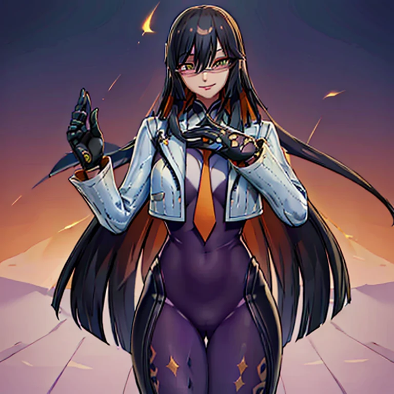 daraku, long hair, glasses, gloves, pants, smile,
looking at viewer, outdoors, (masterpiece:1.2), best quality, high resolution, unity 8k wallpaper, (illustration:0.8), (beautiful detailed eyes:1.6), extremely detailed face, perfect lighting, extremely detailed CG, (perfect hands, perfect anatomy)