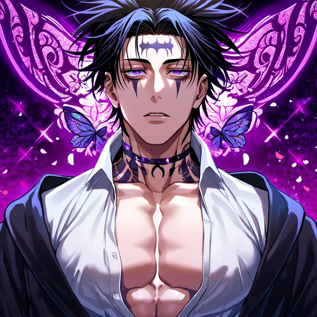 Ultra detailed, Highres, absurdres, HDR, Choso, black hair, expressive purple eyes, black coat with patterns, Jujutsu Kaisen, white shirt, fantasy, glittering purple butterflies, petals, handsome, sexy man, solo, very detailed eyes and face, master piece, toned chest, glittering, purple flowers, tattoo on his neck, purple background