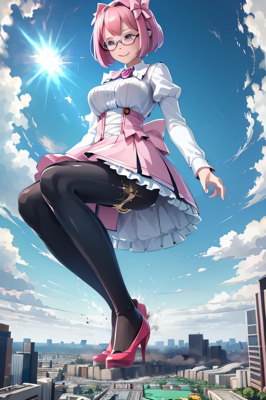 giantess art, highly detailed giantess shots, giantess, Two legs, Five fingers, short hair, A beautiful girl who is bigger than a skyscraper, Wearing rimless glasses, smile, Big Breasts, pink dress, bow, magical girl, magical wand, black pantyhose, pink stiletto heels, Rays of light from a wand, Destroying cities, A very small big city, Miniature metropolis, Full body description, GTS, giga giantess, stomping city, crash city, tiny city, micro city, pantyhose feet, High resolution, highest quality, masterpiece, 