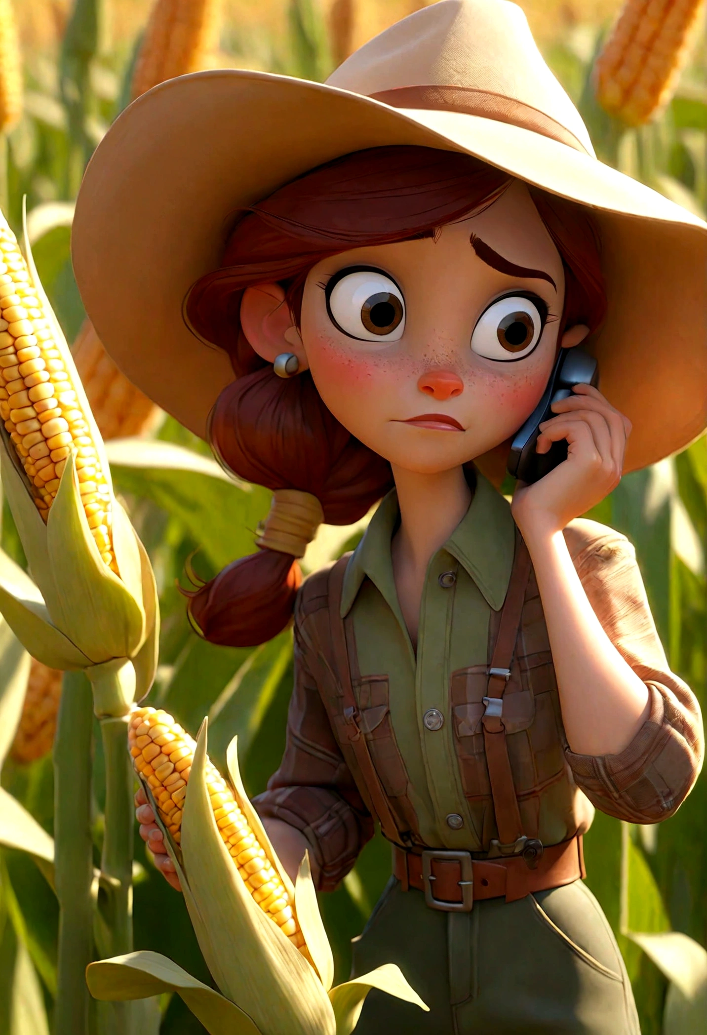 Pixar style Personagem, In the image, we see a soybean and corn negotiator in a corn harvest field. She's talking on her cell phone and getting out of her truck, which is parked next to a vast corn field ready for harvest. She is dressed in practical clothes for the field: jeans, a brown belt and a plaid shirt, complemented by a wide-brimmed hat to protect herself from the sun, her hair is red and straight at the height of her shoulders, her eyes are green and large. , has thick lips and rosy cheeks.