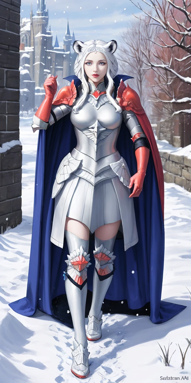 Furry white tiger woman stands on the street of a snowy castle, wearing shining armor (armor with a mirror surface) and a fur cape, winter, snowing, Medieval times, fantasy, white tiger woman, (Women - White Tiger), (Furry), Sakimichan art, white and black palette