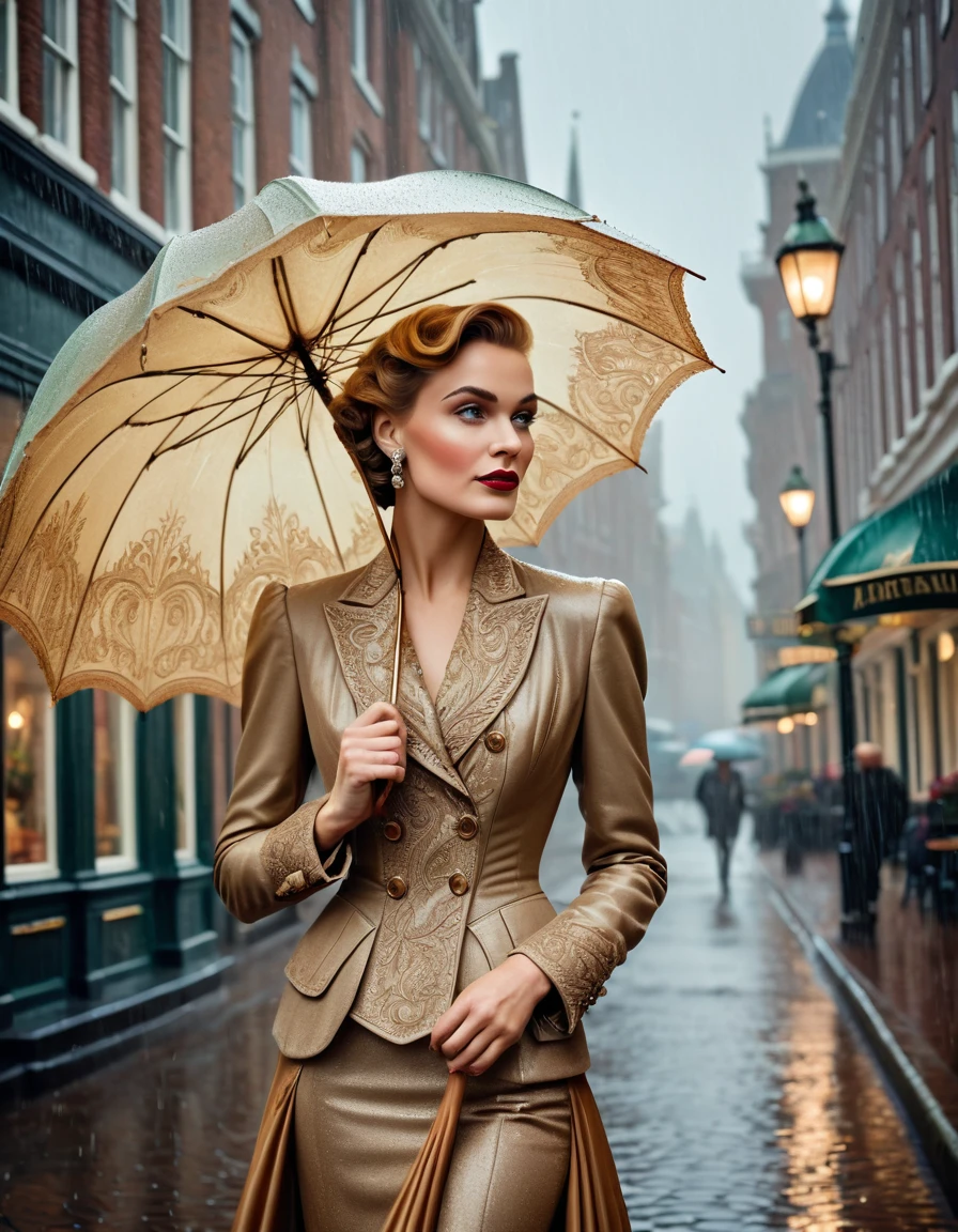 A classic vintage color portrait photograph of a Dutch woman with a detailed face, elegantly wearing a traditional non-Dutch kebaya, holding a folded umbrella, and strolling through a small city during a light rain. The backdrop features beautiful Art Deco architecture reminiscent of the 1920s, with ultra sharp focus and intricate detail, including art-nouveau posters, street signs, vintage signage in the background, creating an atmosphere of romance and nostalgia. The portrait captures a moment of grace and poise, highlighting the fashion and architecture of the era, with a cinematic quality.