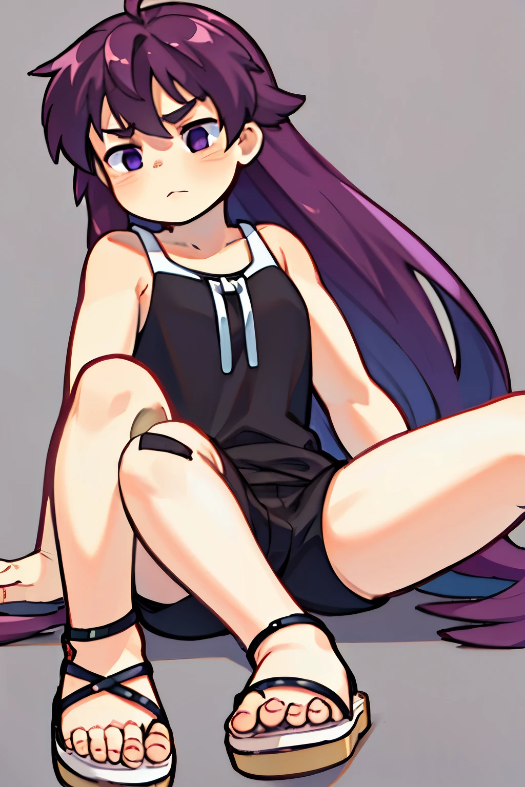 with long purple hair, purple eyes, brown skin, wearing a top and shorts, and wearing sandals. The image background must be gray