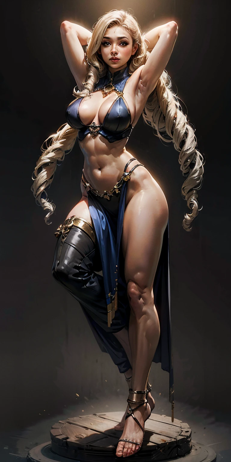 A mature juicy MILF BIMBO STANDING SYMMETRICAL pose on 2 legs foot focus anklets on knees, BAREFOOTED toes clenched foot soles, 1个Giant Breast Girl, The beautiful, perfect litthing, musculous, upper legs, a matural female, A MILF, navel, abs six packed strong, looking at the viewer, goddess, lustful smirking smile face red blushed, The chest is unusually large, maternal love, porcelain skin, very long hair, curlies, glossy skin, both hands behind head, shaved armpits