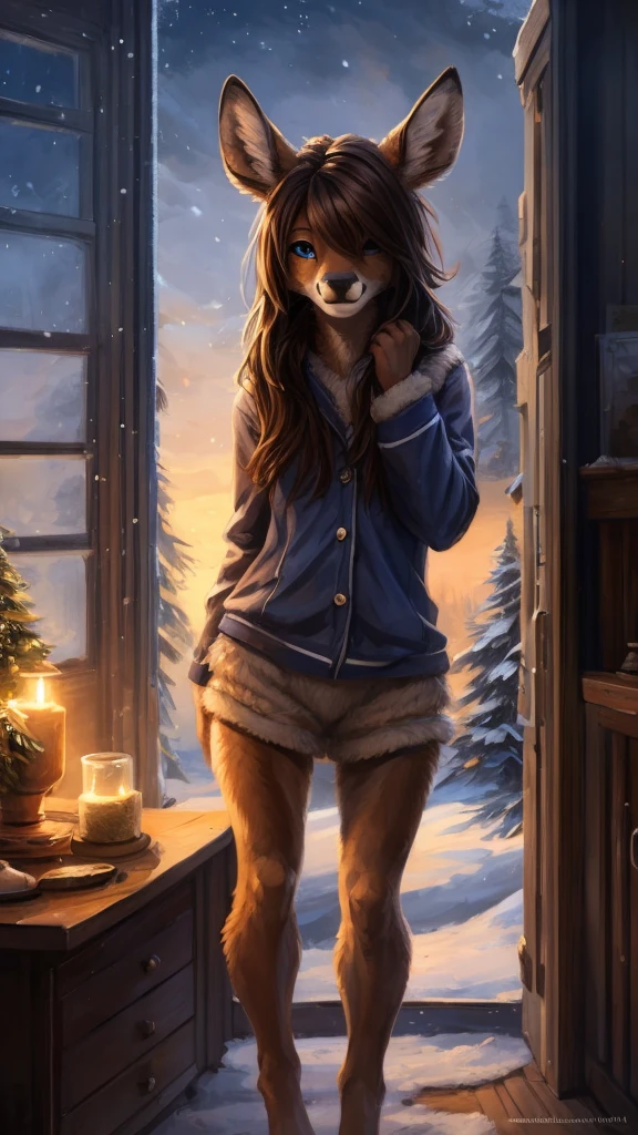 Detailed fur, detailed, 4k, high resolution, furry. A Female Australian Shepherd dressed in round glasses, a light brown woolen sweater, short skirt, stocking and black panties. Stylish black hair, brown eyes, nerdy, shy. In a dimly lit bedroom cabin.