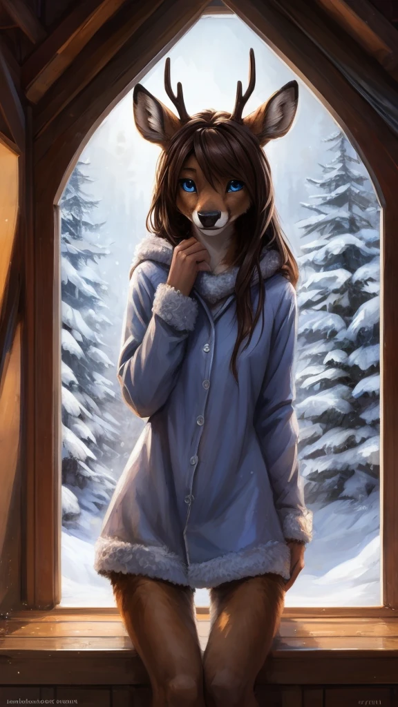 uploaded the e621, beautiful and detailed portrait of a (((female))) small very young solo age young anthro female deer doe with with small hips and a skinny body and ((clear navy blue eyes)), ( small legs and hips :1.5), small pelvis, Slim waist, wearing a comfy winter fullbody pijama, inside of a warm and cozy house or room, long brown hair, kenket, Ross Tran,ruan jia, uploaded to e621, zaush, foxovh, zenematic lighting, deer,full body, day, beautiful, messy hair, brown hair, 1girl, solo, night, smiling shyly, detailed,hair covering eyes, winter sky, black and brown hair, long hair floating in the wind, beautiful, (sublime: 1.0), (Extremely sensitive: 1.0),