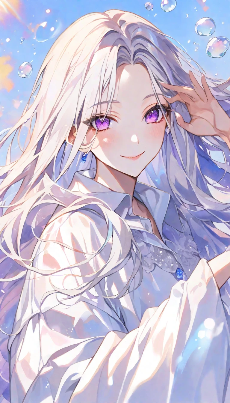 solo, handsome, Watercolor 1. Female,Straight long Hair, Light,White colored hair, 
Purple eyes,Softlook,Lolita,
Street Style,Oversized shirt,Oversized bottoms,skin,Sexy,smile,Soap bubble,gem,
sun,Blue background,Face close-up,Come here pose,