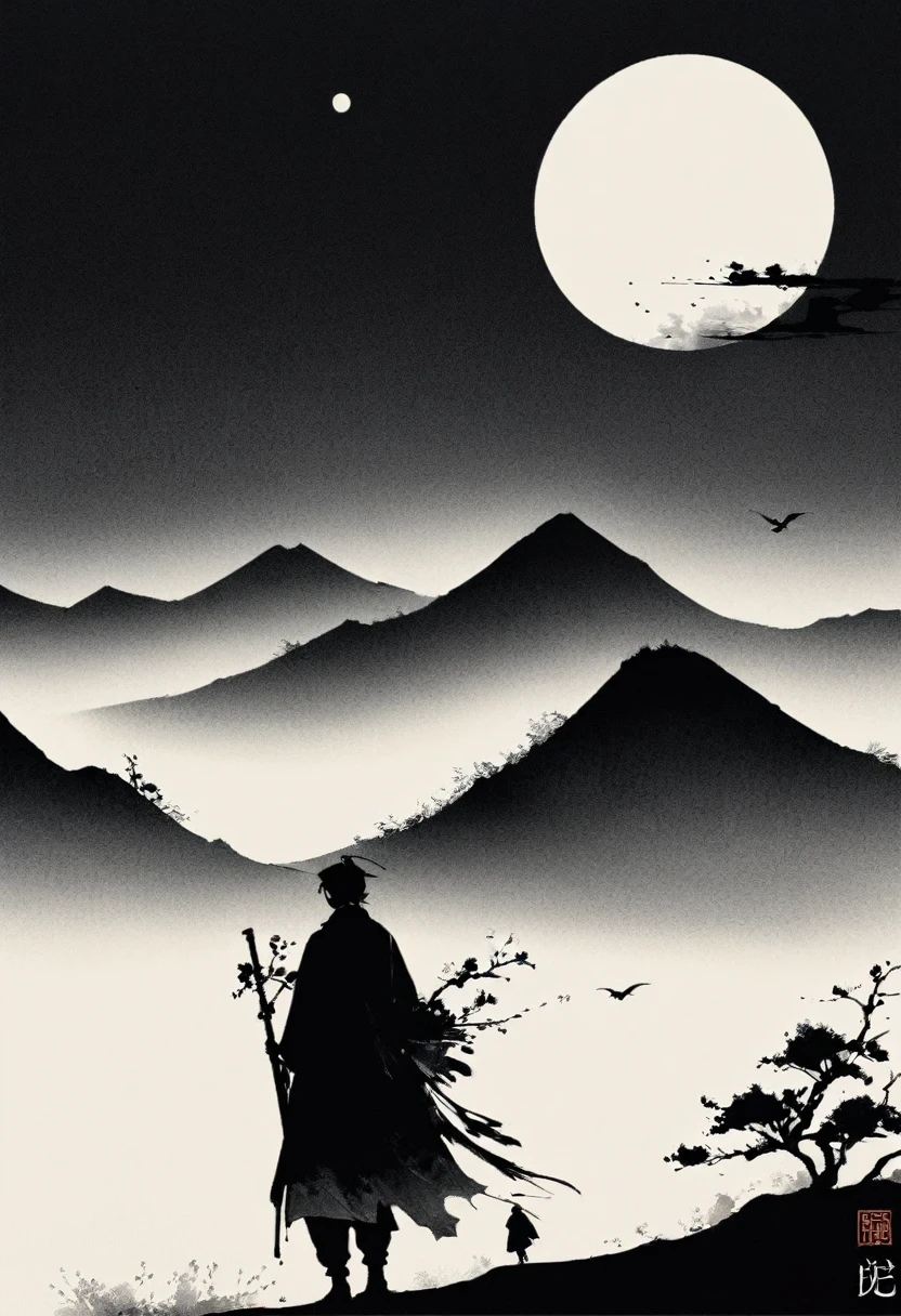 (大量留white:1.5),white, white色背景, simple, Minimalism, abstract,Freehand,Aesthetic,黑与white,Ink Painting,antiquity,Mountain,People in the distance