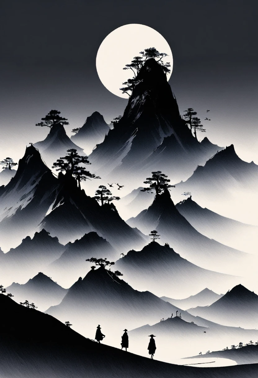 (大量留white:1.5),white, white色背景, simple, Minimalism, abstract,Freehand,Aesthetic,黑与white,Ink Painting,antiquity,Mountain,People in the distance
