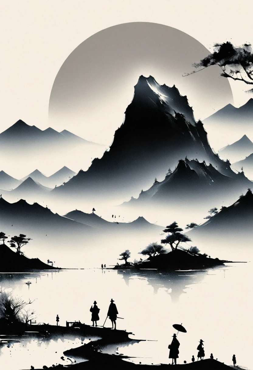 (大量留white:1.5),white, white色背景, simple, Minimalism, abstract,Freehand,Aesthetic,黑与white,Ink Painting,antiquity,Mountain,People in the distance